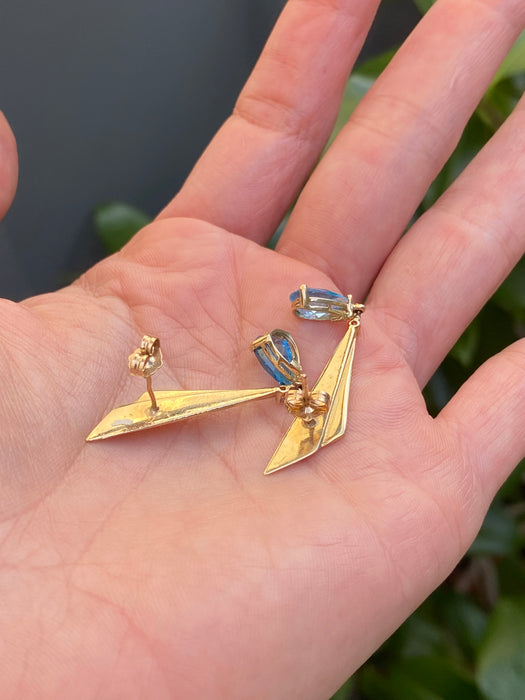 Vintage 14K Gold Blue Topaz Diamond Dangle Earrings
