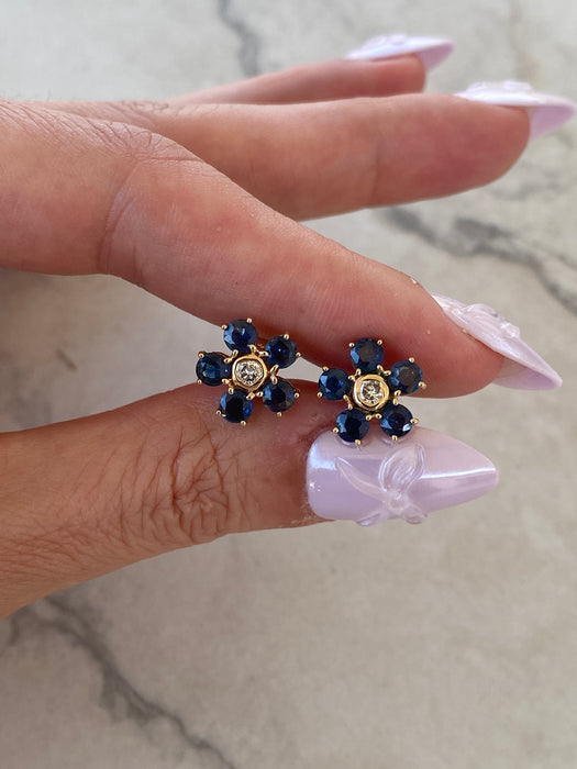 14K Gold Blue Sapphire & Diamond Flower Stud Earrings
