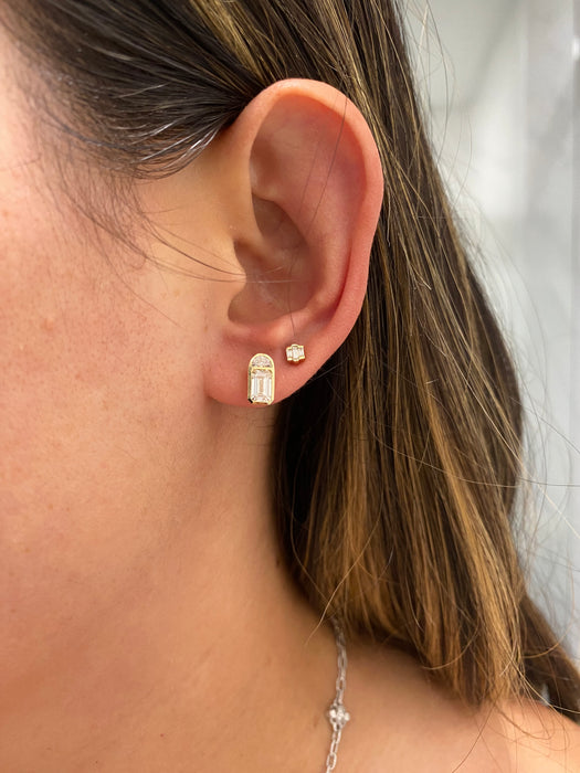 14K Bezel-Set Emerald & Half Moon Lab Diamond Stud Earrings- 1.7 TCW