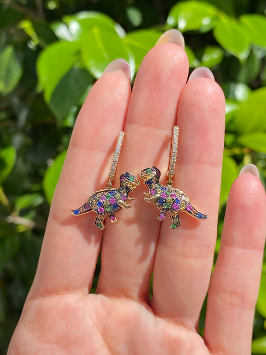 14k diamond rainbow sapphire T. rex huggie earrings