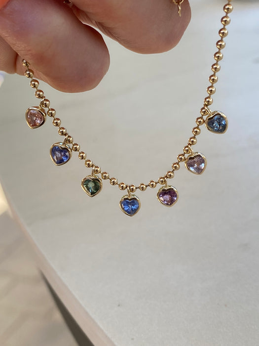 14K Gold Multi-Color Sapphire Heart Bead Bracelet