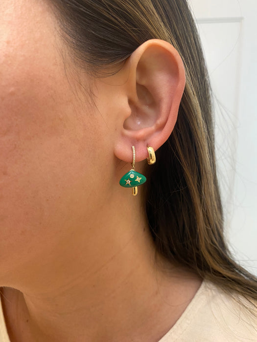 14k green enamel diamond mushroom huggie earrings