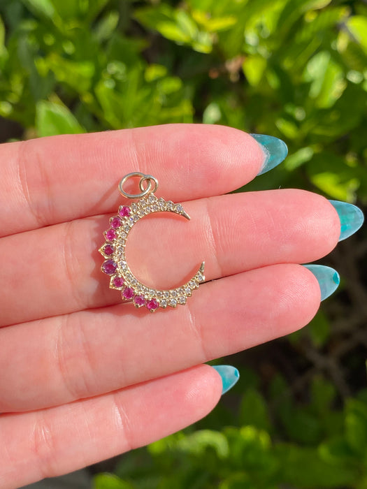 14k diamond and ruby crescent moon pendant