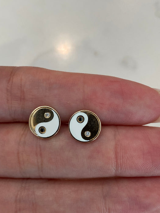 14K Gold White Enamel Yin Yang Diamond Stud Earring