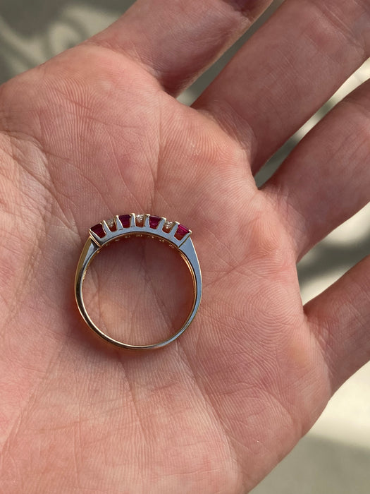 Vintage 14K Gold Ruby & Diamond Ring – Princess Cut Rubies with Round Diamonds – Size 7
