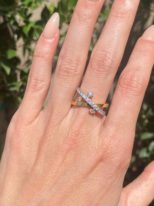 Vintage Platinum 900 & 18K Diamond Crossover Ring – 0.59 TCW Natural Diamonds – Size 6.25