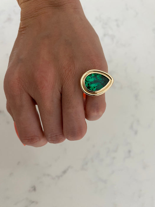 14K Gold Bezel-Set Lab Emerald Pear Pinky Ring