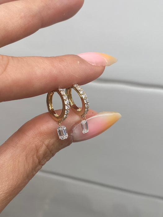 14K Gold Lab Diamond Huggie Earrings with Floating Emerald Cut Drop
