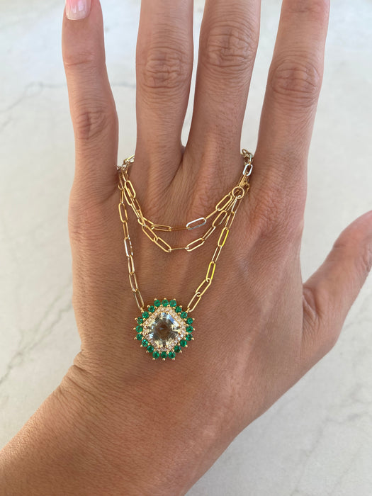 14K Gold Prasiolite, Diamond & Emerald Paperclip Chain Necklace