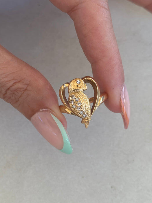 Vintage 18K Gold Parrot & Heart Diamond Ring