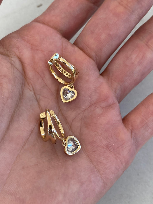 14K Gold Triple Huggie Heart Lab Diamond Earrings