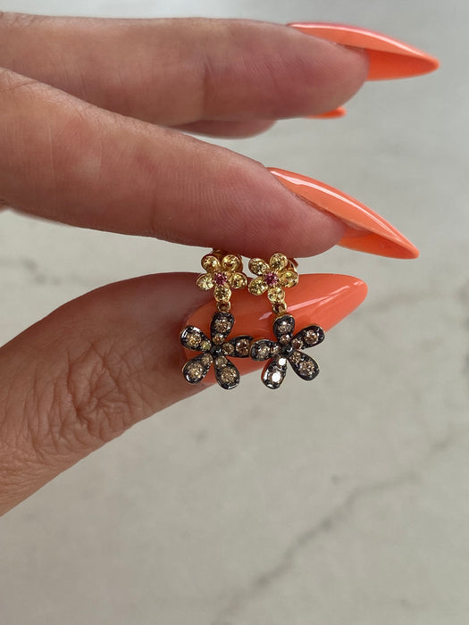 14K Yellow Gold Sapphire & Champagne Diamond Flower Drop Earrings
