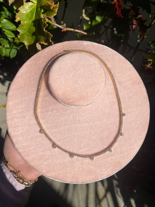 14K Lab Diamond Tennis Necklace with Heart Stations – 7.2 Carat Total, VS F, 16” Gold Heart Diamond Necklace