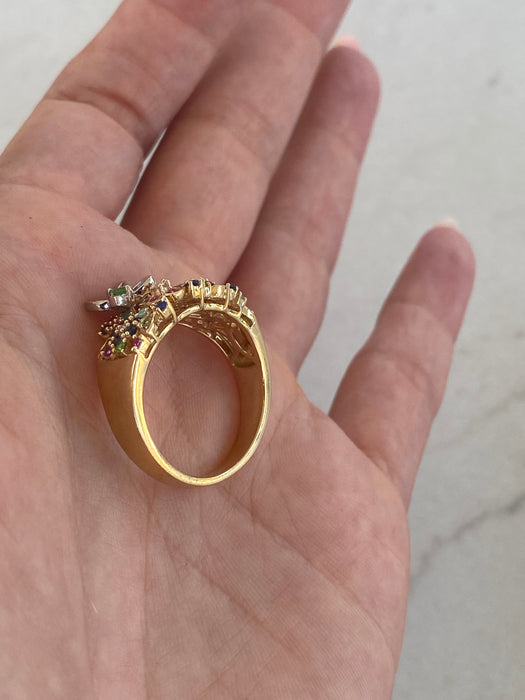 Vintage 18K Multicolor Gemstone & Diamond Floral Ring