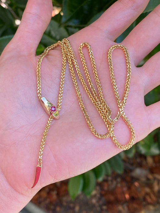 14K Gold Ruby Snake Foxtail Chain Lariat Necklace