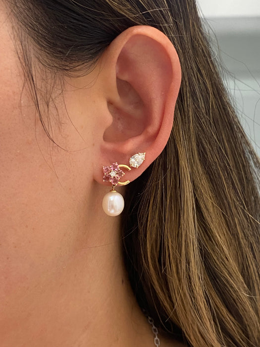 14K Gold Pink Topaz, Diamond & Pearl Drop Earrings