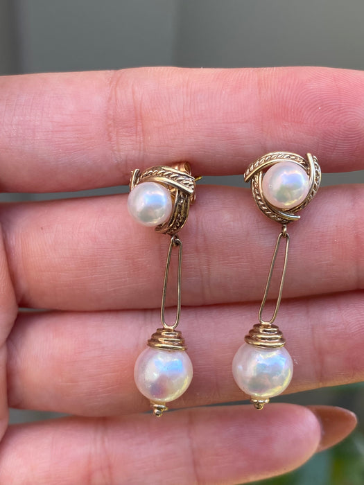 Vintage 14k Gold Double Pearl Rope Dangly Earrings