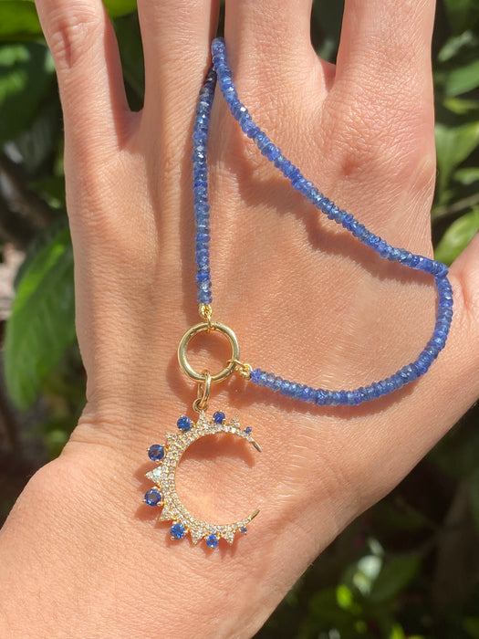 14K Gold Crescent Moon Charm with Blue Sapphire & Diamond Accents – 0.98 TCW