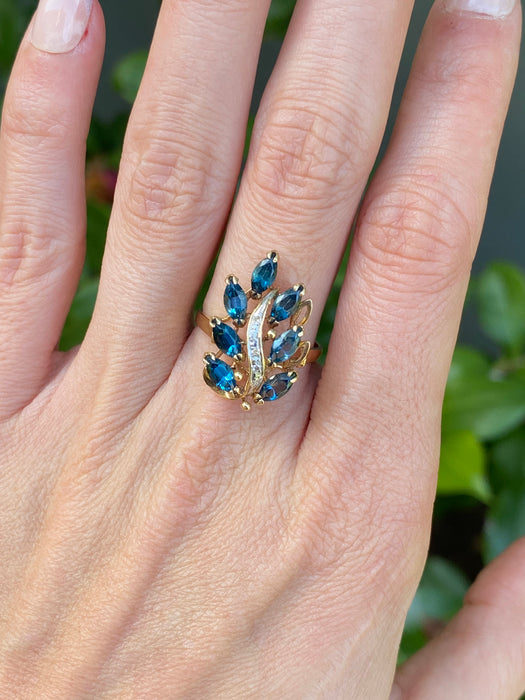Vintage 14K Gold Blue Topaz & Diamond Leaf Ring – Size 7