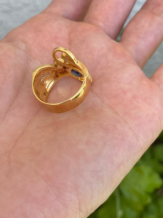 Vintage 18K Gold Wavy Blue Sapphire & Diamond Ring Size 6