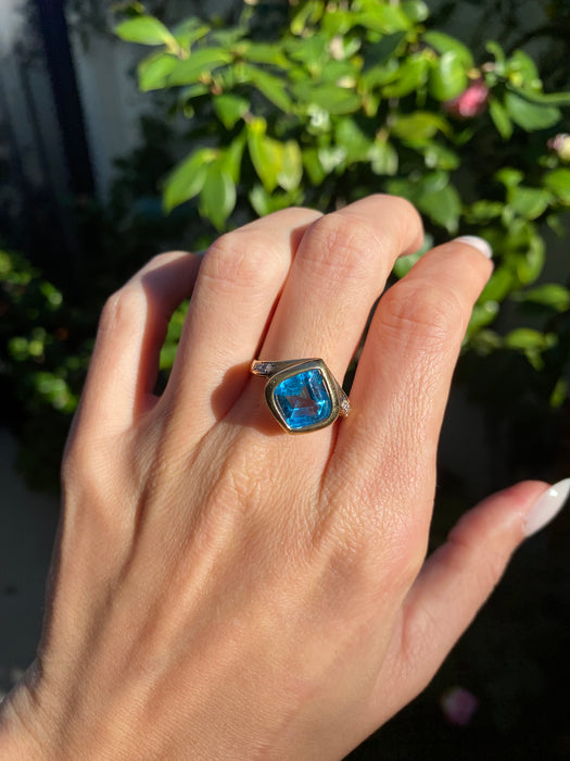 Vintage 14K Gold Sky Blue Topaz & Diamond Bezel Set Ring – Size 7.5