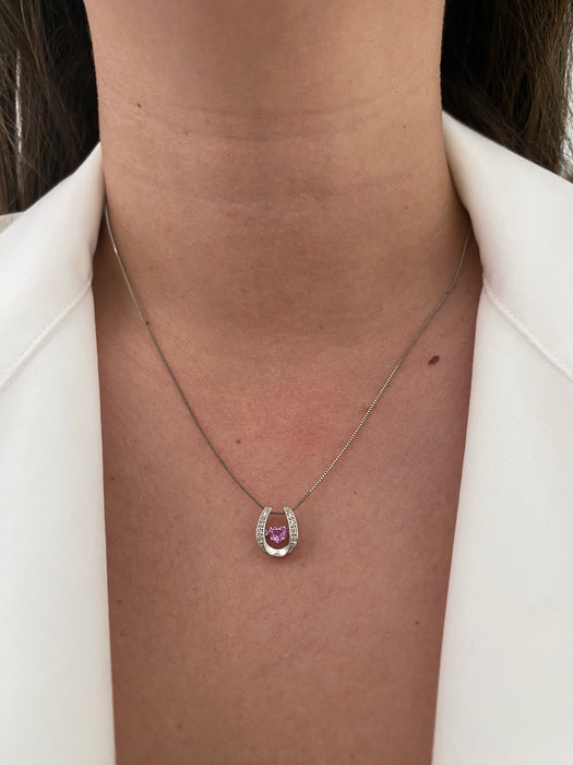 Platinum box chain with horseshoe pink sapphire heart diamond pendant 18”