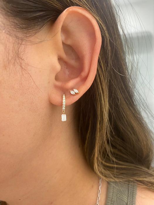 14K Gold Lab Diamond Huggie Earrings with Floating Emerald Cut Drop