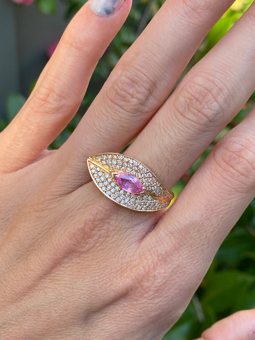 18k rose gold pink sapphire diamond leaf ring size 6.5