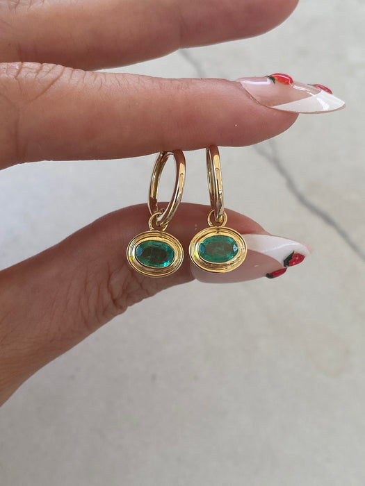 14K Gold Natural Emerald Huggie Earrings with Double Bezel Charms