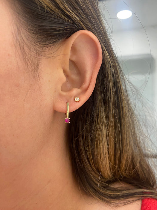 14K Natural Ruby Bar Huggie Earrings