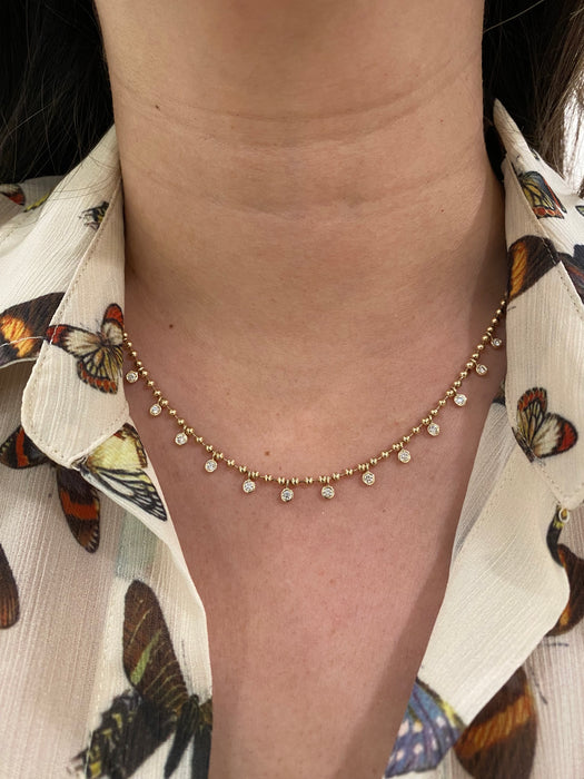 14k bead necklace with bezel set diamond charms