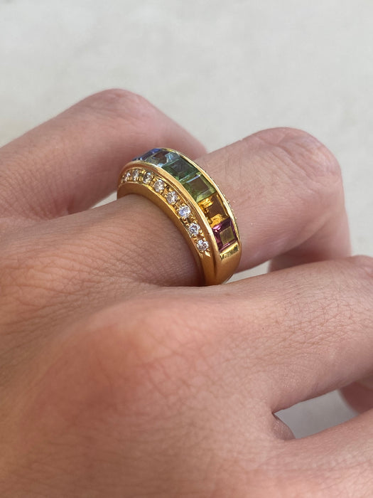 Vintage 18K Rainbow Multi-Gemstone & Diamond Ring