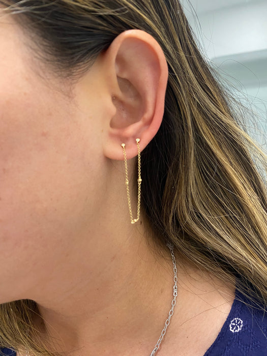 14K Gold Single Bezel Chain Double Piercing Earring