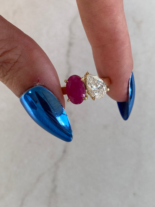 14K Gold Ruby & Pear Diamond Ring – 1 Carat Oval Ruby, 1 Carat Pear Lab Diamond, Size 4.75