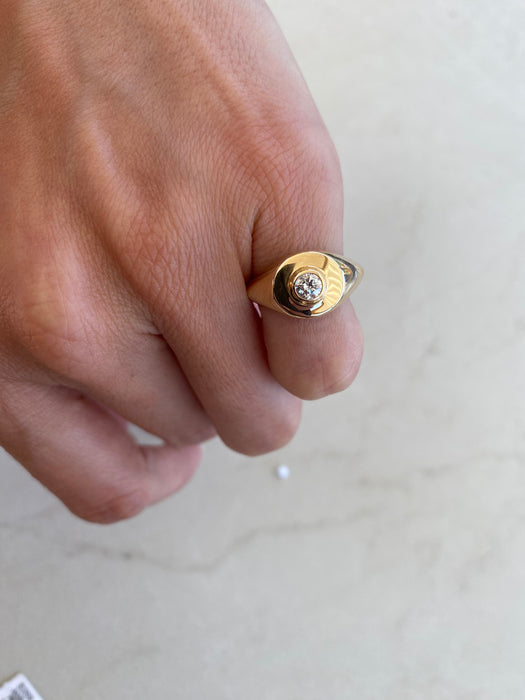 14K Gold Diamond Signet Ring – Round Bezel Set, Size 5