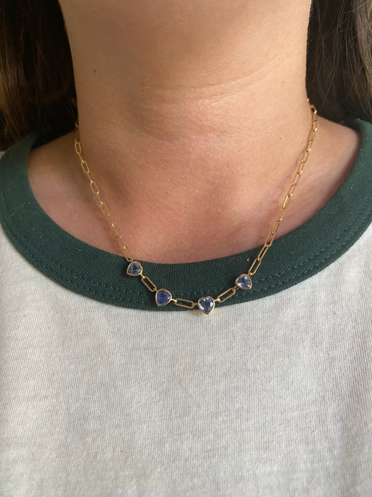 14K Gold Blue Sapphire Heart Paperclip Necklace