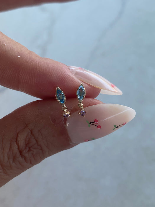 14K Gold Blue Topaz & Amethyst Flat Back Screw-On Stud Single Earring
