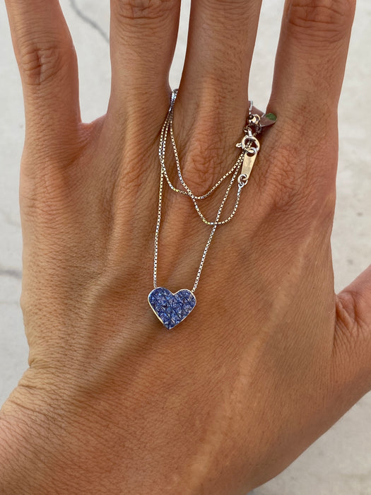 Vintage 18K White Gold Invisible-Set Blue Sapphire Heart Slider Necklace