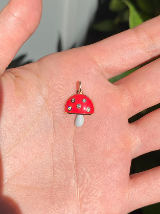14k enamel red and gray diamond mushroom charm