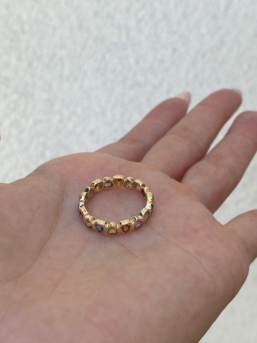 14k rainbow sapphire bezel heart eternity ring size 7.5