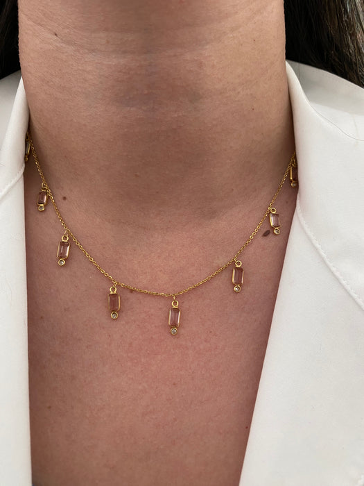 18K Gold Pink Tourmaline & Diamond Station Necklace