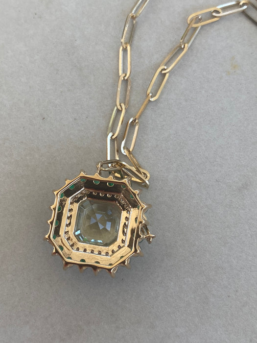 14K Gold Prasiolite, Diamond & Emerald Paperclip Chain Necklace