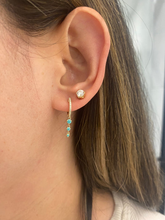 14K Gold Diamond Huggie Earrings with Turquoise Dangle Charms