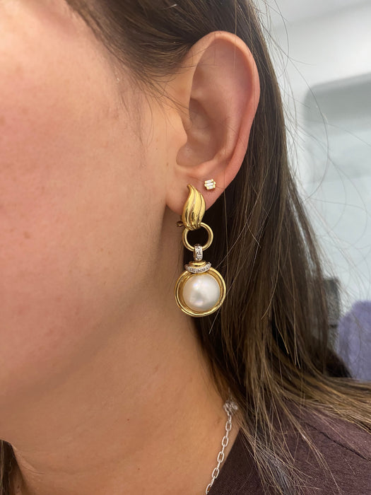 Vintage 14K Diamond & Mabe Pearl Omega Back Earrings