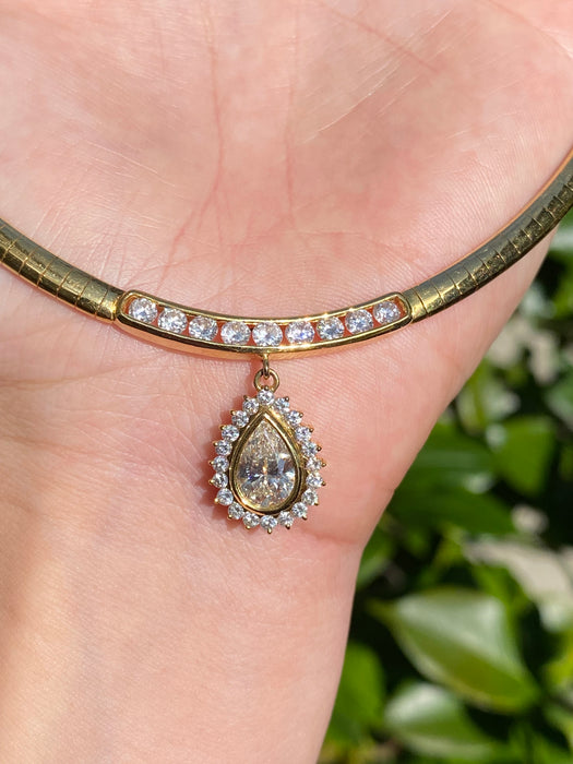 Vintage 18K Gold Diamond Herringbone Necklace 16” – 2.65 TCW Pear Halo Pendant