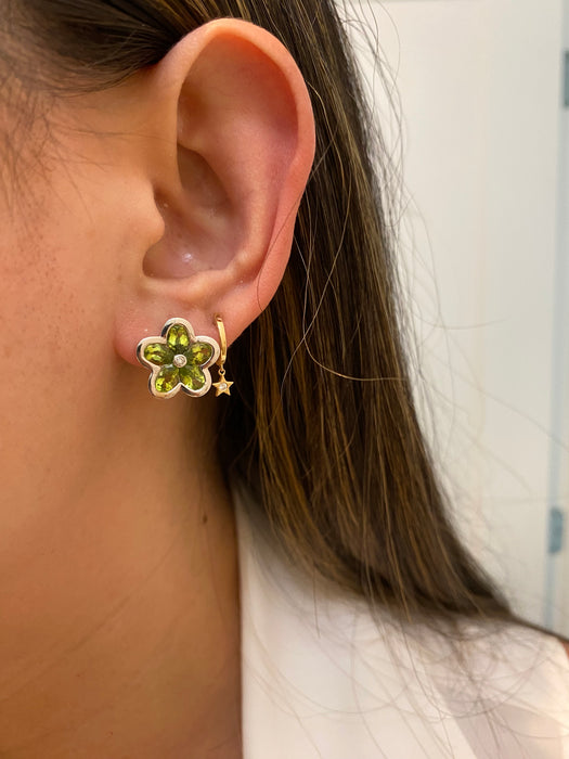 14k white gold diamond peridot flower omega back earrings