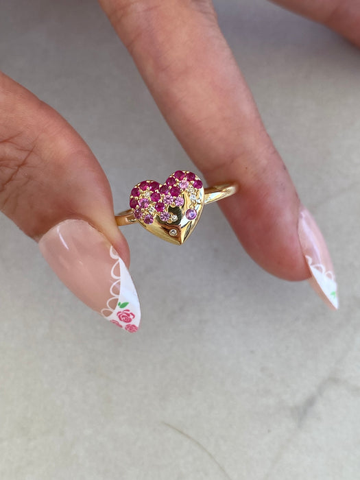 14K Gold Ruby Heart Ring with Flush-Set Rubies, Pink Sapphires & Diamonds