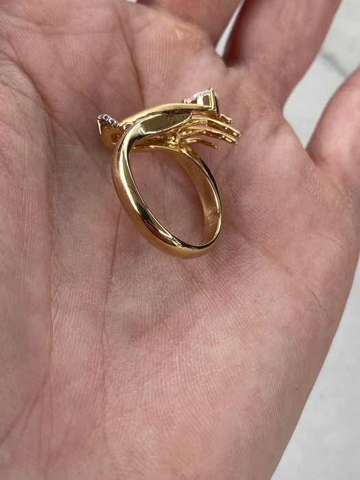 Vintage 18K Brushed Gold Hand Ring with Pear-Cut Natural Diamond