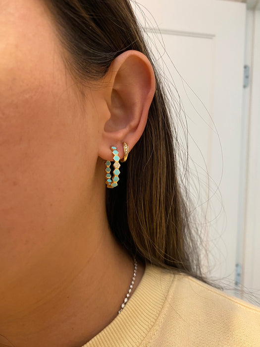14k blue enamel diamond hexagon huggie hoop earrings
