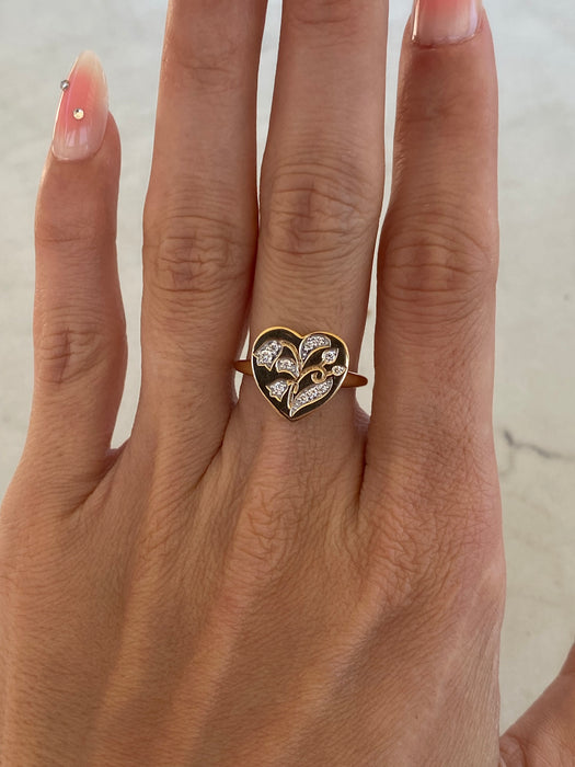 14K Gold Diamond Heart Flower Ring – Size 7
